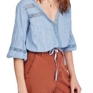 Free People Follow Your Heart Top Blue Embroidered blouse